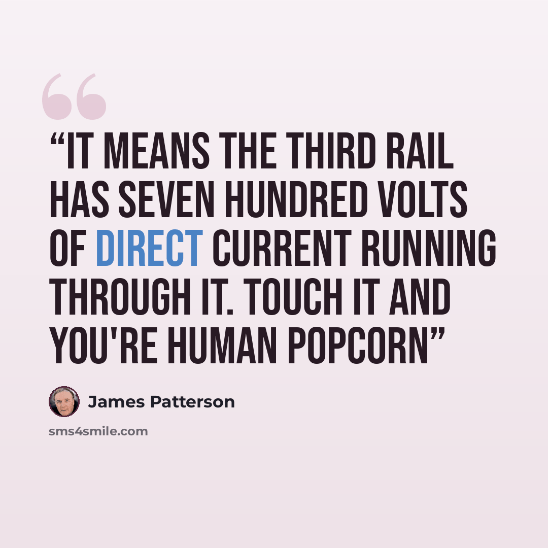 “It means the third rail has seven hundred volts of direct current running through it. Touch it and you're human popcorn” quote by James Patterson
