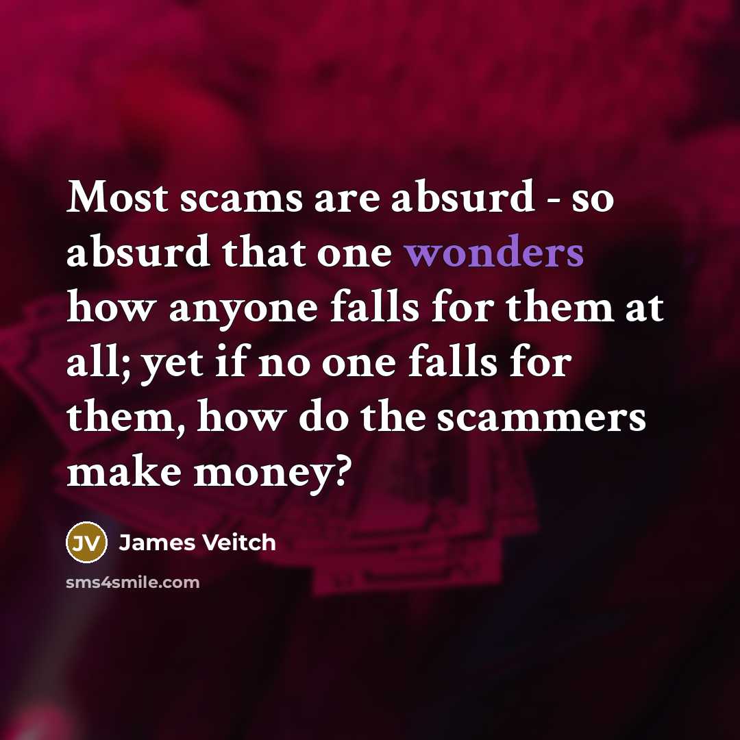 “Most scams are absurd - so absurd that one wonders how anyone falls for them at all; yet if no one falls for them, how do the scammers make money?” quote by James Veitch