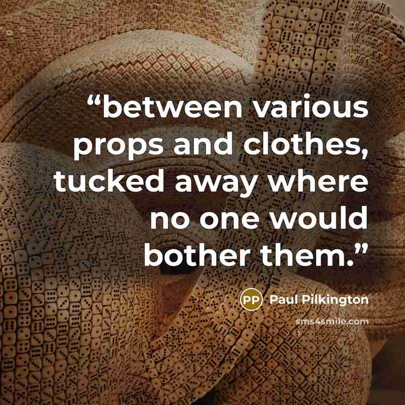 “between various props and clothes, tucked away where no one would bother them.” quote by Paul Pilkington