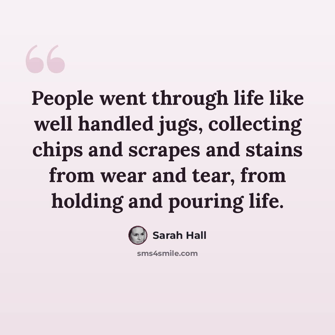 “People went through life like well handled jugs, collecting chips and scrapes and stains from wear and tear, from holding and pouring life.” quote by Sarah Hall
