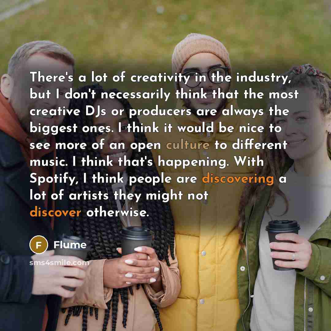 “There's a lot of creativity in the industry, but I don't necessarily think that the most creative DJs or producers are always the biggest ones. I think it would be nice to see more of an open culture to different music. I think that's happening. With Spotify, I think people are discovering a lot…” quote by Flume