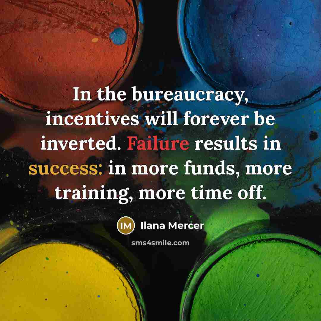 “In the bureaucracy, incentives will forever be inverted. Failure results in success: in more funds, more training, more time off.” quote by Ilana Mercer