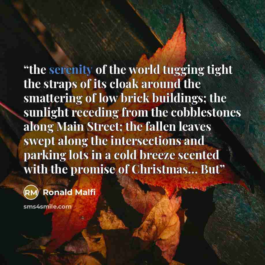 “the serenity of the world tugging tight the straps of its cloak around the smattering of low brick buildings; the sunlight receding from the cobblestones along Main Street; the fallen leaves swept along the intersections and parking lots in a cold breeze scented with the promise of Christmas… But” quote by Ronald Malfi