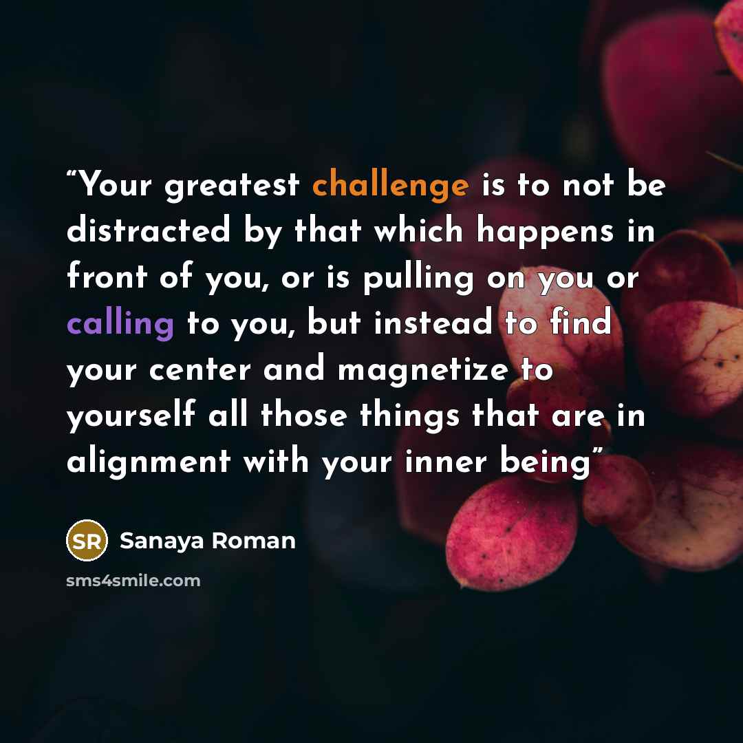 “Your greatest challenge is to not be distracted by that which happens in front of you, or is pulling on you or calling to you, but instead to find your center and magnetize to yourself all those things that are in alignment with your inner being” quote by Sanaya Roman