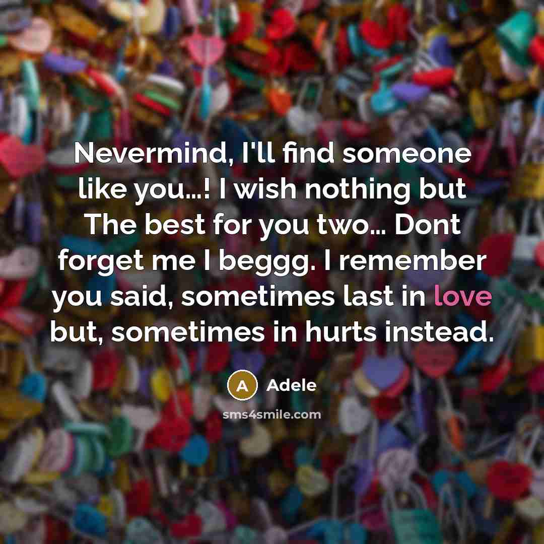 “Nevermind, I'll find someone like you…! I wish nothing but The best for you two… Dont forget me I beggg. I remember you said, sometimes last in love but, sometimes in hurts instead.” quote by Adele