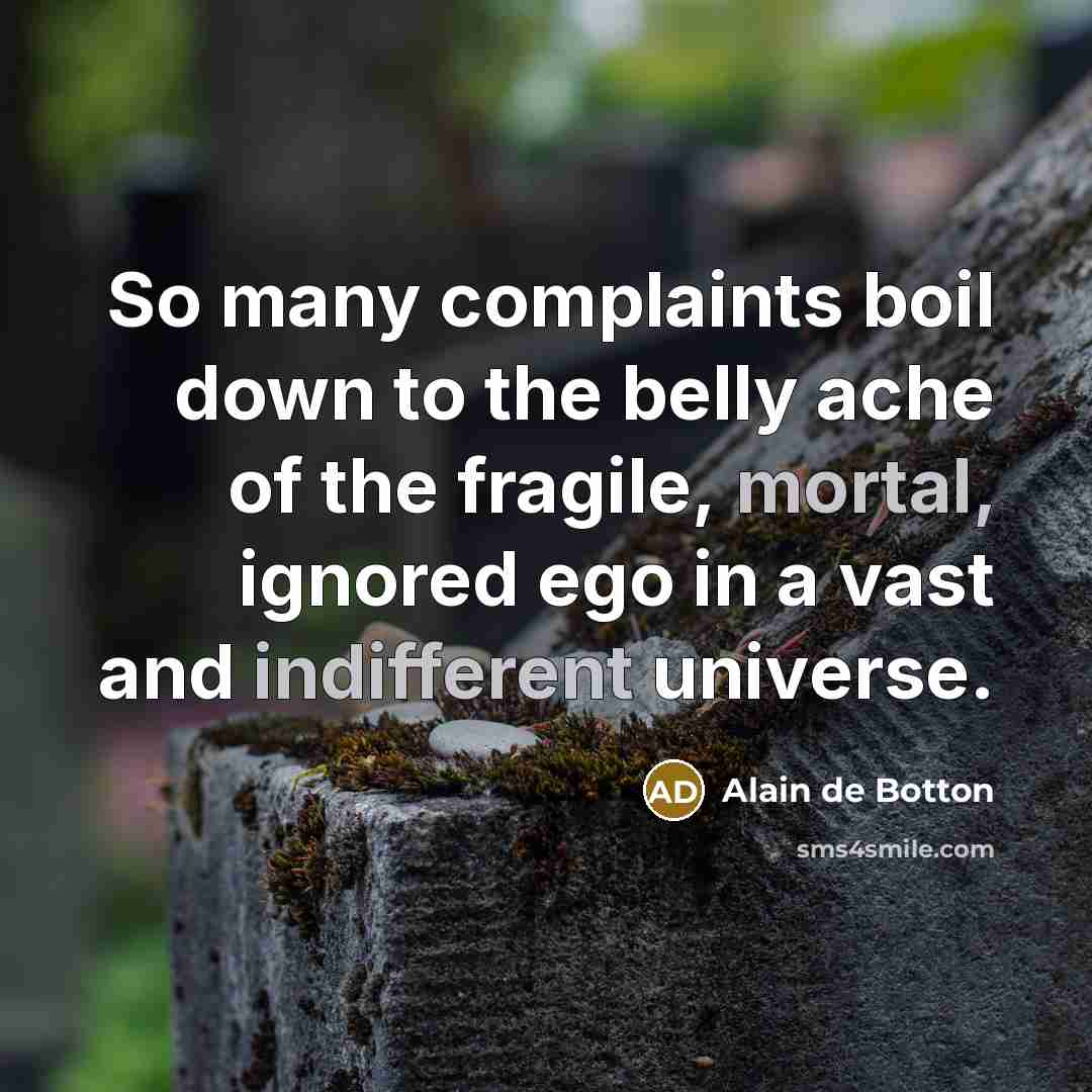 “So many complaints boil down to the belly ache of the fragile, mortal, ignored ego in a vast and indifferent universe.” quote by Alain de Botton
