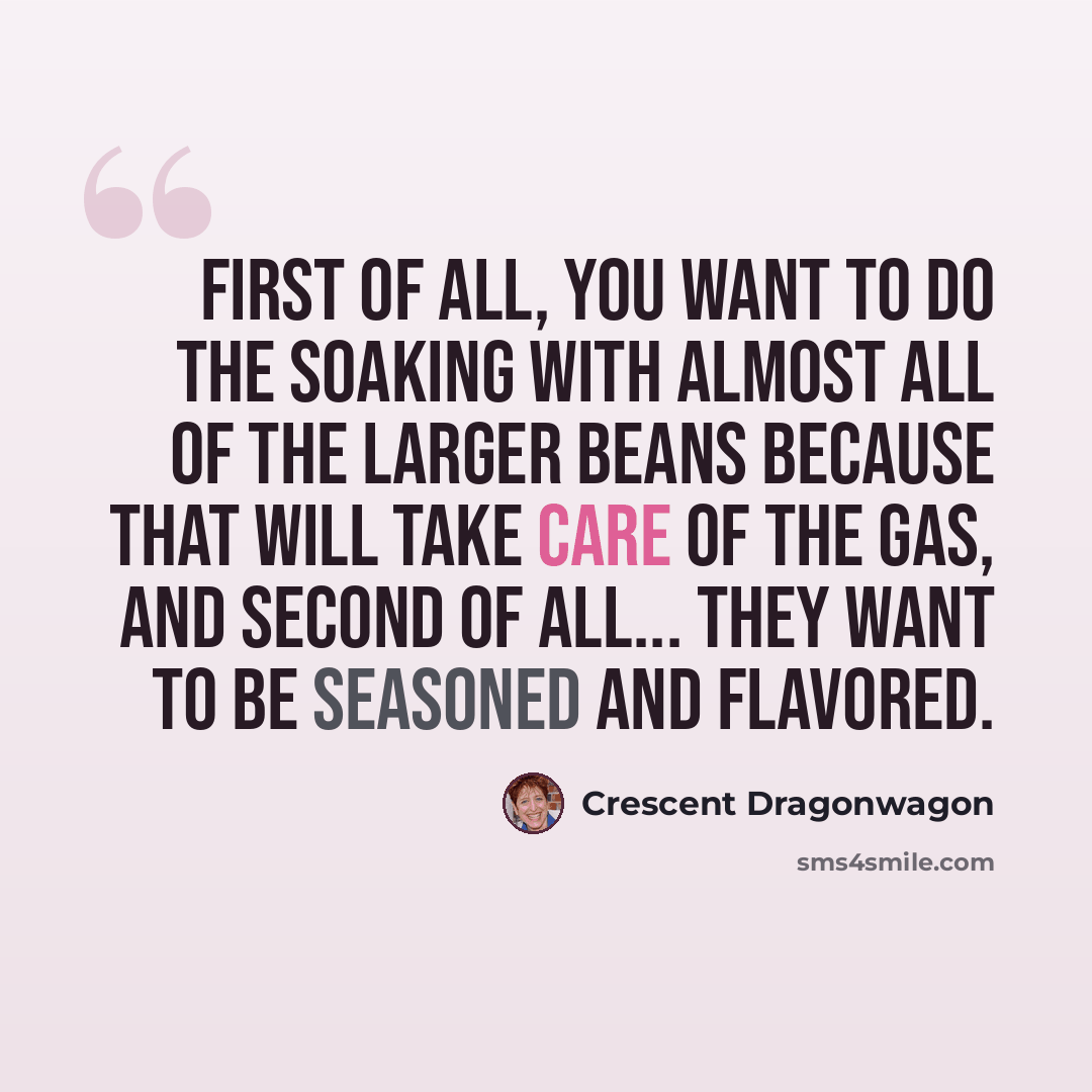 “First of all, you want to do the soaking with almost all of the larger beans because that will take care of the gas, and second of all... they want to be seasoned and flavored.” quote by Crescent Dragonwagon