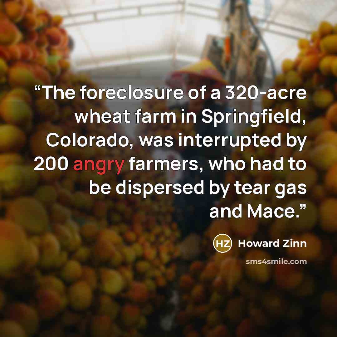 “The foreclosure of a 320-acre wheat farm in Springfield, Colorado, was interrupted by 200 angry farmers, who had to be dispersed by tear gas and Mace.” quote by Howard Zinn