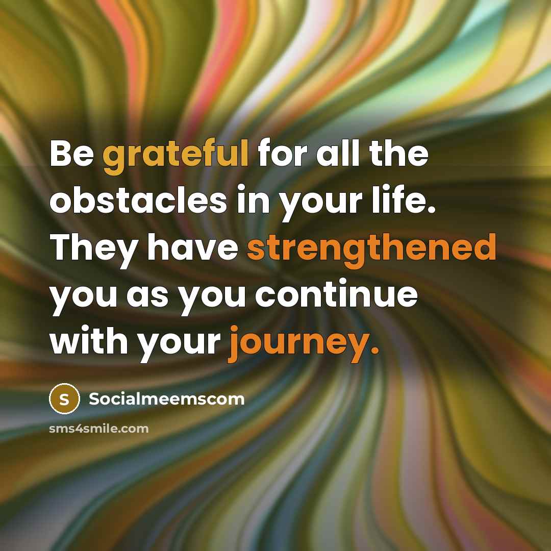 “Be grateful for all the obstacles in your life. They have strengthened you as you continue with your journey.” quote by Socialmeemscom
