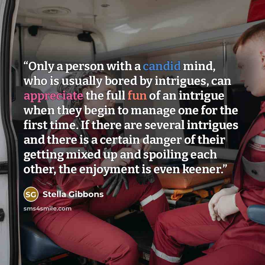 “Only a person with a candid mind, who is usually bored by intrigues, can appreciate the full fun of an intrigue when they begin to manage one for the first time. If there are several intrigues and there is a certain danger of their getting mixed up and spoiling each other, the enjoyment is even…” quote by Stella Gibbons