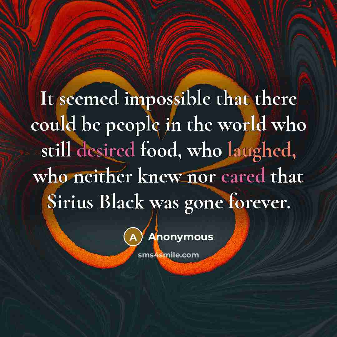“It seemed impossible that there could be people in the world who still desired food, who laughed, who neither knew nor cared that Sirius Black was gone forever.” quote by Anonymous