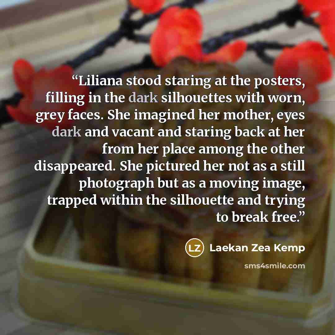 “Liliana stood staring at the posters, filling in the dark silhouettes with worn, grey faces. She imagined her mother, eyes dark and vacant and staring back at her from her place among the other disappeared. She pictured her not as a still photograph but as a moving image, trapped within the…” quote by Laekan Zea Kemp