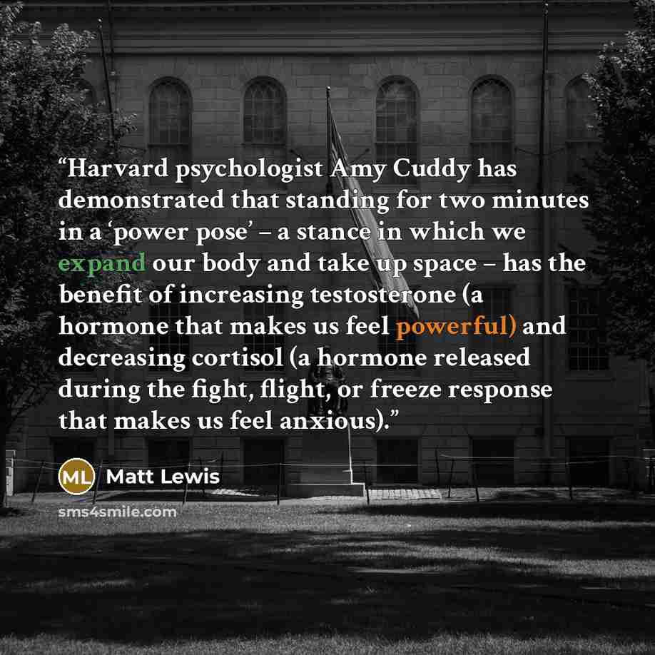 “Harvard psychologist Amy Cuddy has demonstrated that standing for two minutes in a ‘power pose’ – a stance in which we expand our body and take up space – has the benefit of increasing testosterone (a hormone that makes us feel powerful) and decreasing cortisol (a hormone released during the…” quote by Matt Lewis