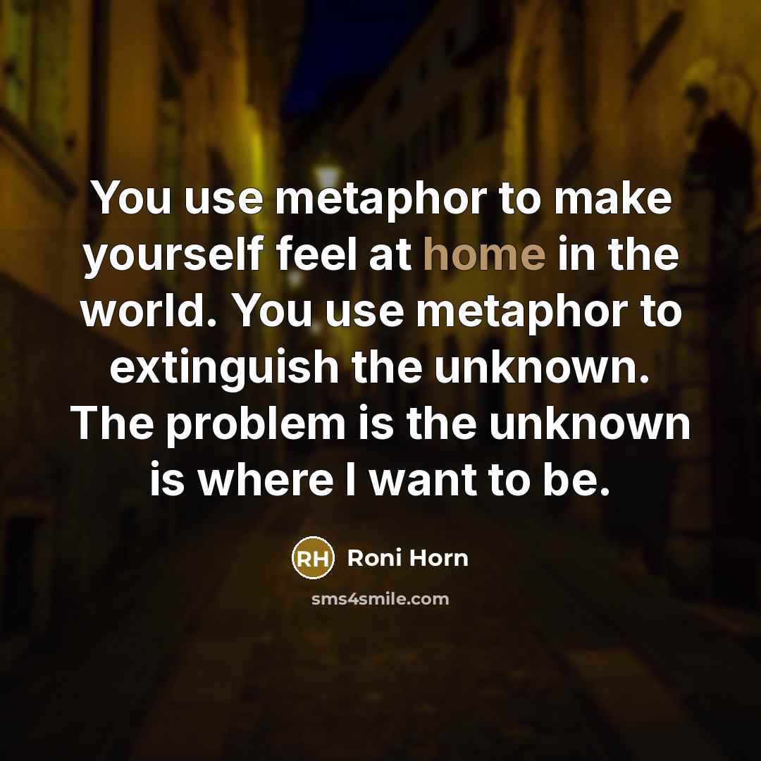 “You use metaphor to make yourself feel at home in the world. You use metaphor to extinguish the unknown. The problem is the unknown is where I want to be.” quote by Roni Horn