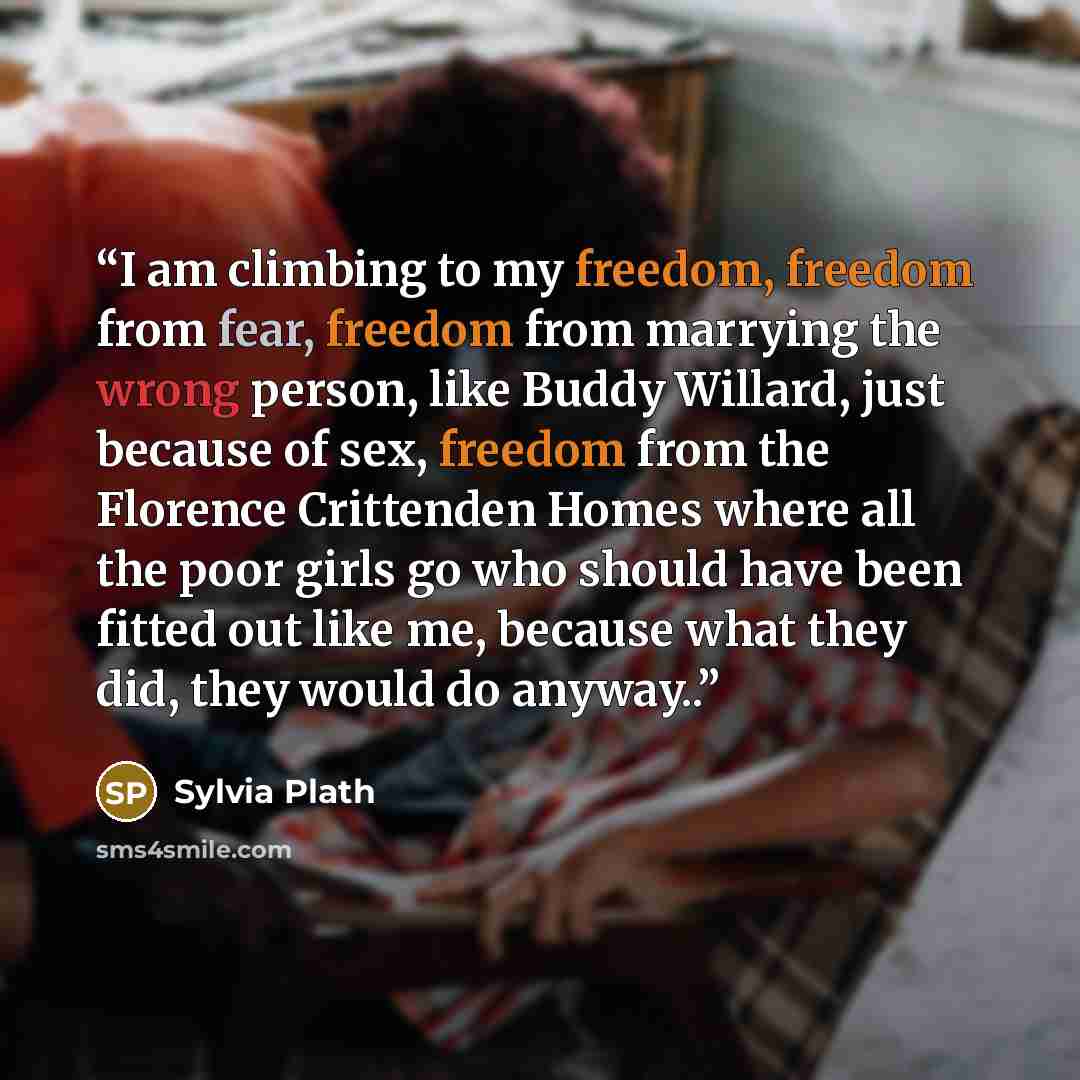 “I am climbing to my freedom, freedom from fear, freedom from marrying the wrong person, like Buddy Willard, just because of sex, freedom from the Florence Crittenden Homes where all the poor girls go who should have been fitted out like me, because what they did, they would do anyway..” quote by Sylvia Plath