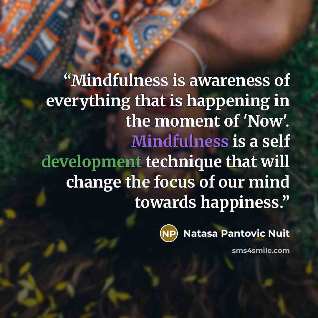 “Mindfulness is awareness of everything that is happening in the moment of 'Now'. Mindfulness is a self development technique that will change the focus of our mind towards happiness.” quote by Natasa Pantovic Nuit