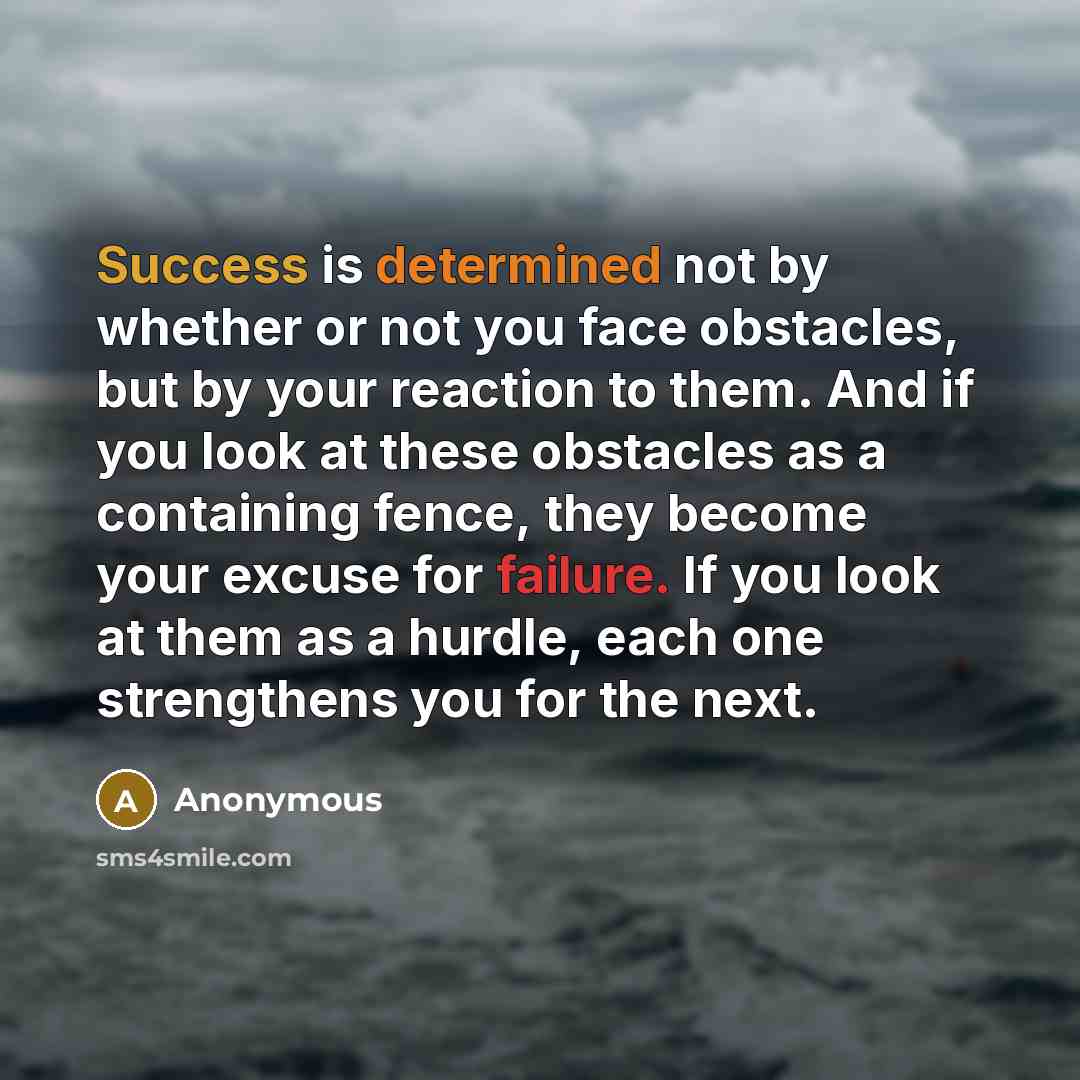 “Success is determined not by whether or not you face obstacles, but by your reaction to them. And if you look at these obstacles as a containing fence, they become your excuse for failure. If you look at them as a hurdle, each one strengthens you for the next.” quote by Anonymous