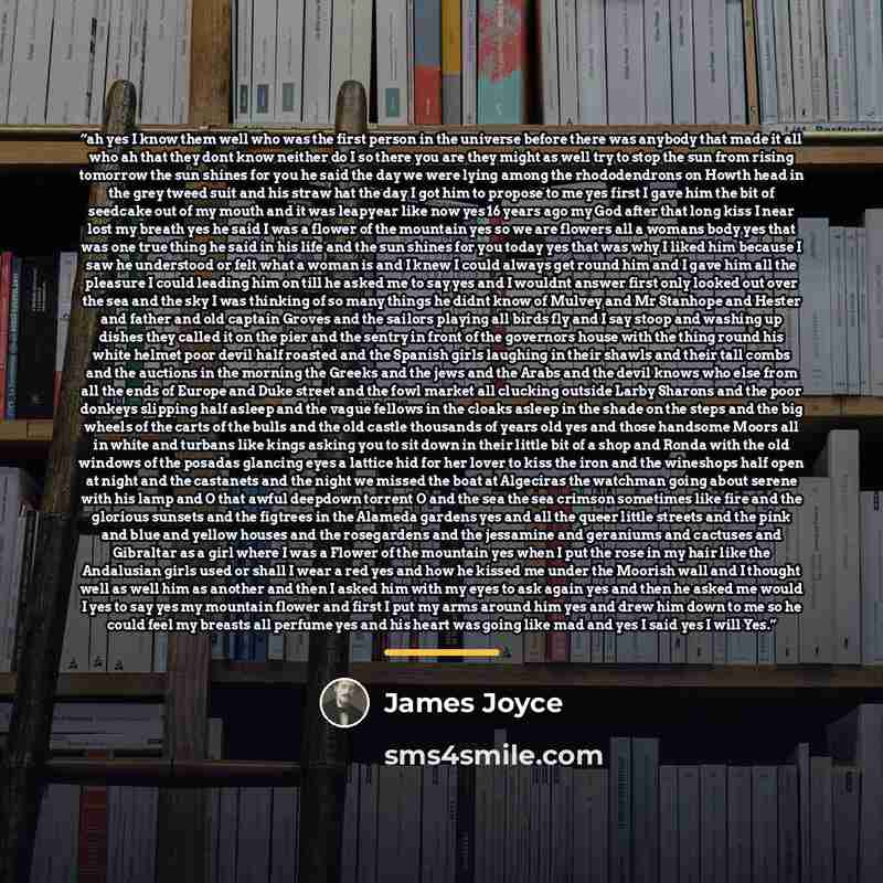 “ah yes I know them well who was the first person in the universe before there was anybody that made it all who ah that they dont know neither do I so there you are they might as well try to stop the sun from rising tomorrow the sun shines for you he said the day we were lying among the…” quote by James Joyce