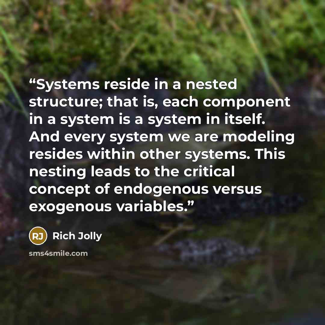 “Systems reside in a nested structure; that is, each component in a system is a system in itself. And every system we are modeling resides within other systems. This nesting leads to the critical concept of endogenous versus exogenous variables.” quote by Rich Jolly