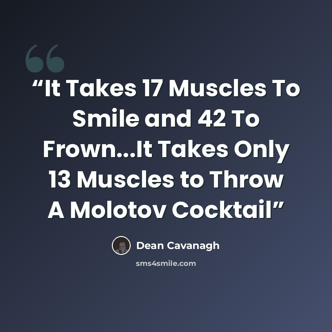 “It Takes 17 Muscles To Smile and 42 To Frown...It Takes Only 13 Muscles to Throw A Molotov Cocktail” quote by Dean Cavanagh