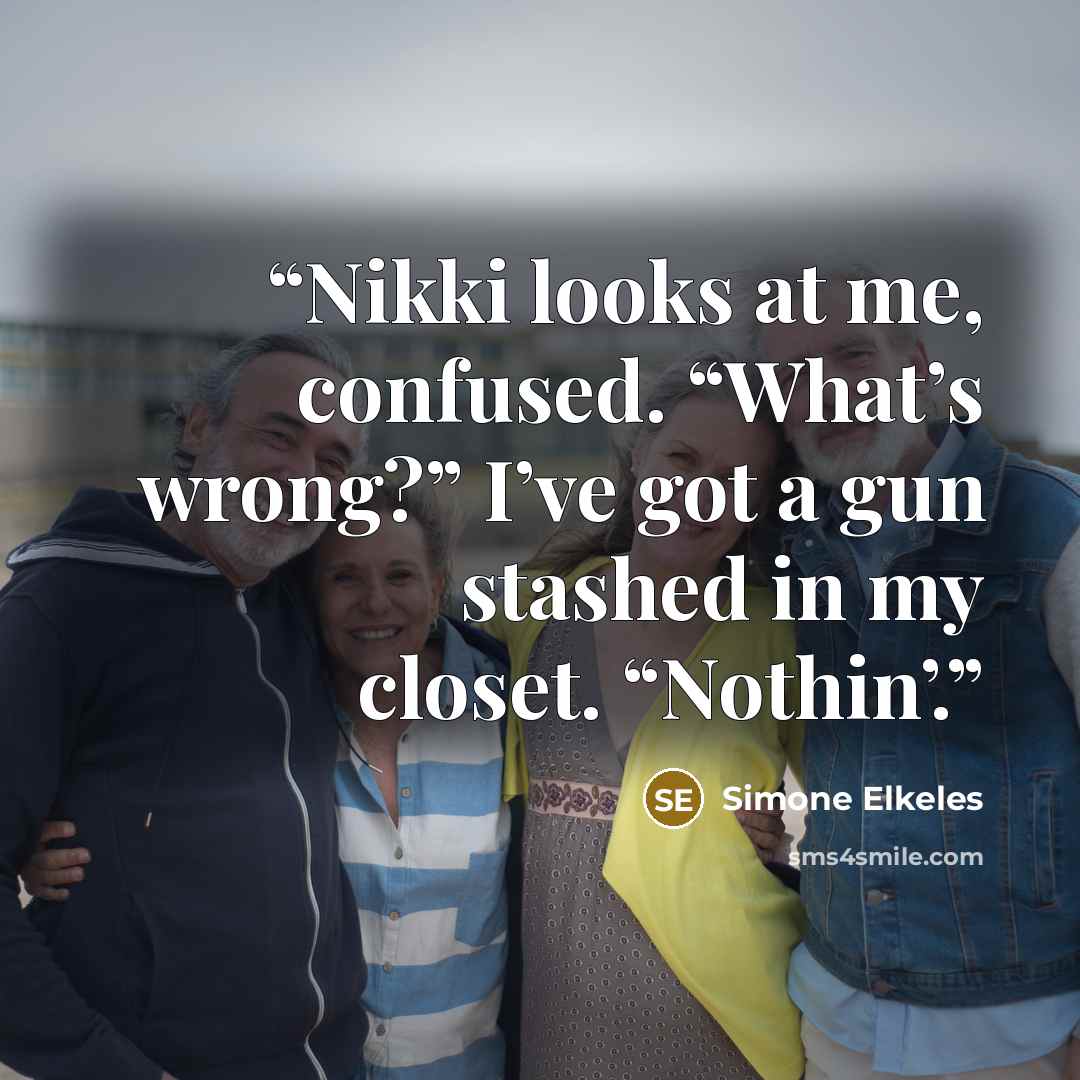 “Nikki looks at me, confused. “What’s wrong?” I’ve got a gun stashed in my closet. “Nothin’.” quote by Simone Elkeles