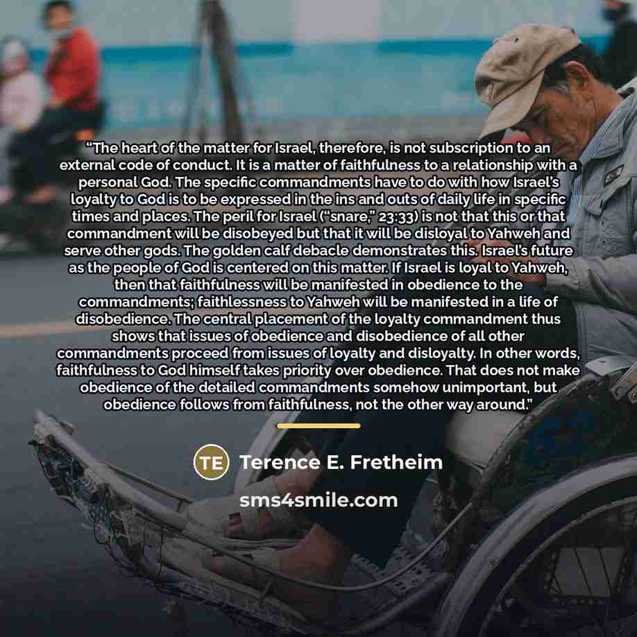 “The heart of the matter for Israel, therefore, is not subscription to an external code of conduct. It is a matter of faithfulness to a relationship with a personal God. The specific commandments have to do with how Israel’s loyalty to God is to be expressed in the ins and outs of daily life in…” quote by Terence E. Fretheim