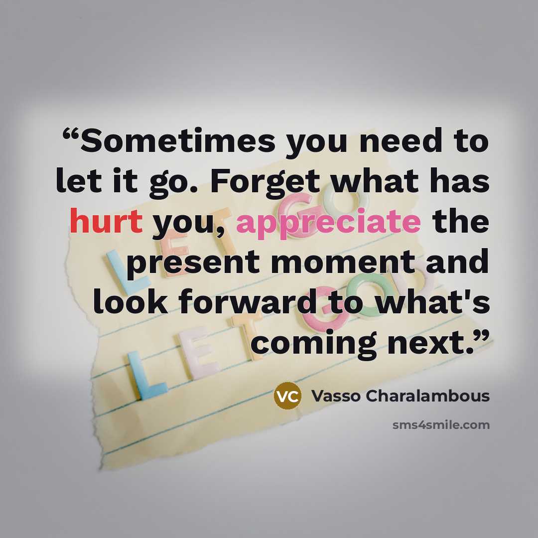 “Sometimes you need to let it go. Forget what has hurt you, appreciate the present moment and look forward to what's coming next.” quote by Vasso Charalambous