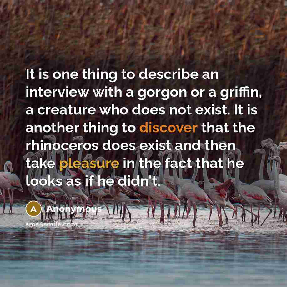 “It is one thing to describe an interview with a gorgon or a griffin, a creature who does not exist. It is another thing to discover that the rhinoceros does exist and then take pleasure in the fact that he looks as if he didn't.” quote by Anonymous