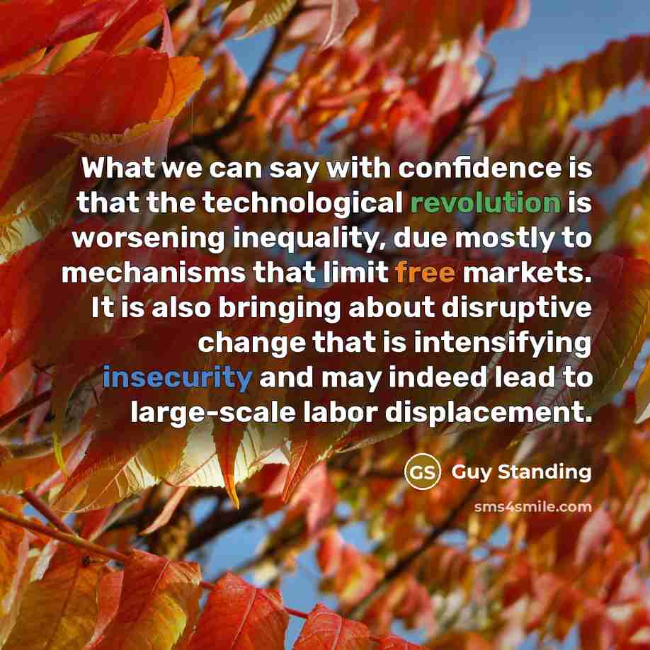 “What we can say with confidence is that the technological revolution is worsening inequality, due mostly to mechanisms that limit free markets. It is also bringing about disruptive change that is intensifying insecurity and may indeed lead to large-scale labor displacement.” quote by Guy Standing