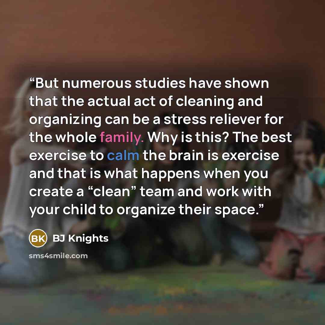 “But numerous studies have shown that the actual act of cleaning and organizing can be a stress reliever for the whole family. Why is this? The best exercise to calm the brain is exercise and that is what happens when you create a “clean” team and work with your child to organize their space.” quote by BJ Knights