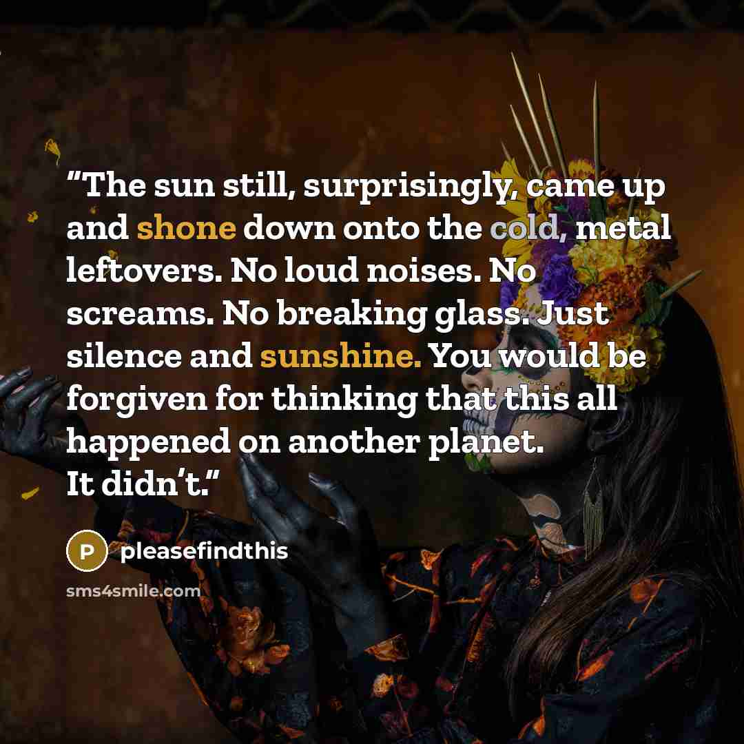 “The sun still, surprisingly, came up and shone down onto the cold, metal leftovers. No loud noises. No screams. No breaking glass. Just silence and sunshine. You would be forgiven for thinking that this all happened on another planet. It didn’t.” quote by pleasefindthis