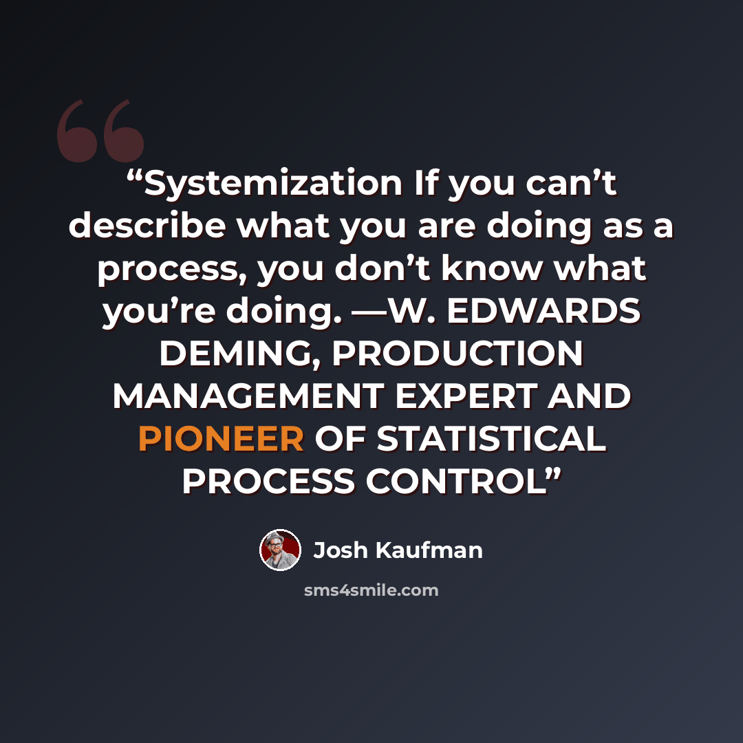 “Systemization If you can’t describe what you are doing as a process, you don’t know what you’re doing. —W. EDWARDS DEMING, PRODUCTION MANAGEMENT EXPERT AND PIONEER OF STATISTICAL PROCESS CONTROL” quote by Josh Kaufman