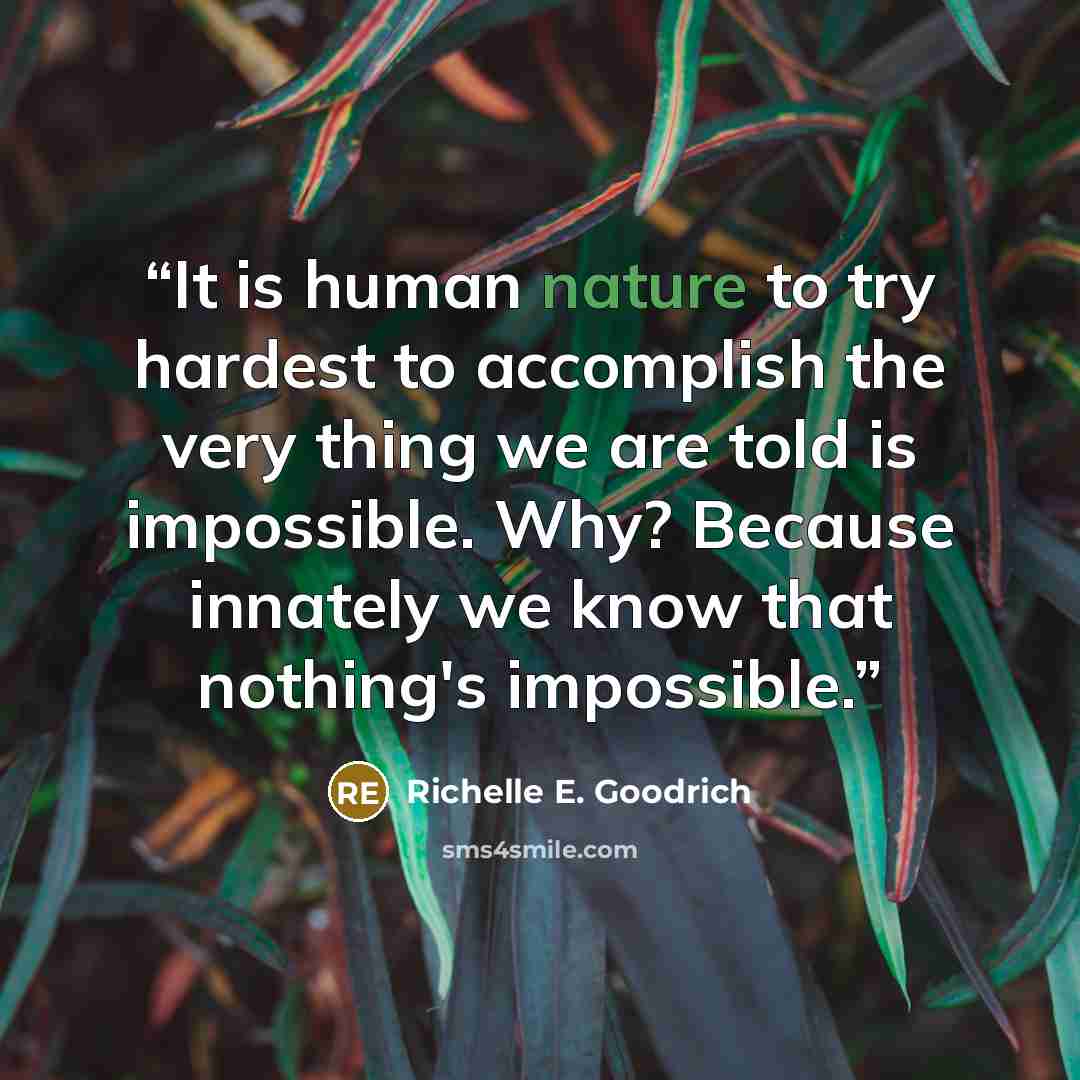 “It is human nature to try hardest to accomplish the very thing we are told is impossible. Why? Because innately we know that nothing's impossible.” quote by Richelle E. Goodrich