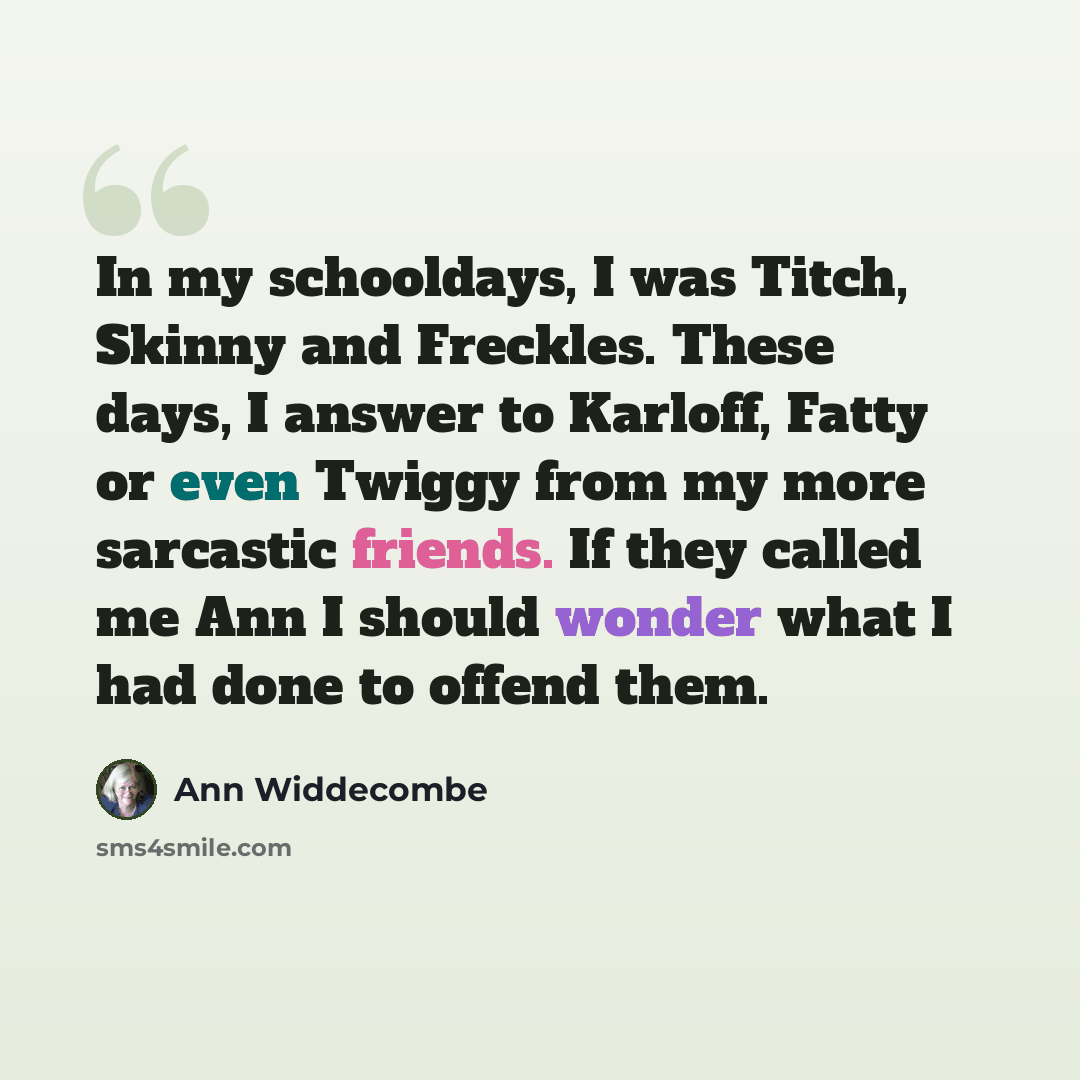 “In my schooldays, I was Titch, Skinny and Freckles. These days, I answer to Karloff, Fatty or even Twiggy from my more sarcastic friends. If they called me Ann I should wonder what I had done to offend them.” quote by Ann Widdecombe