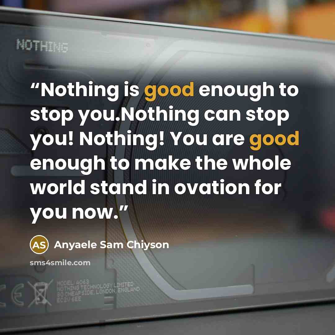 “Nothing is good enough to stop you.Nothing can stop you! Nothing! You are good enough to make the whole world stand in ovation for you now.” quote by Anyaele Sam Chiyson