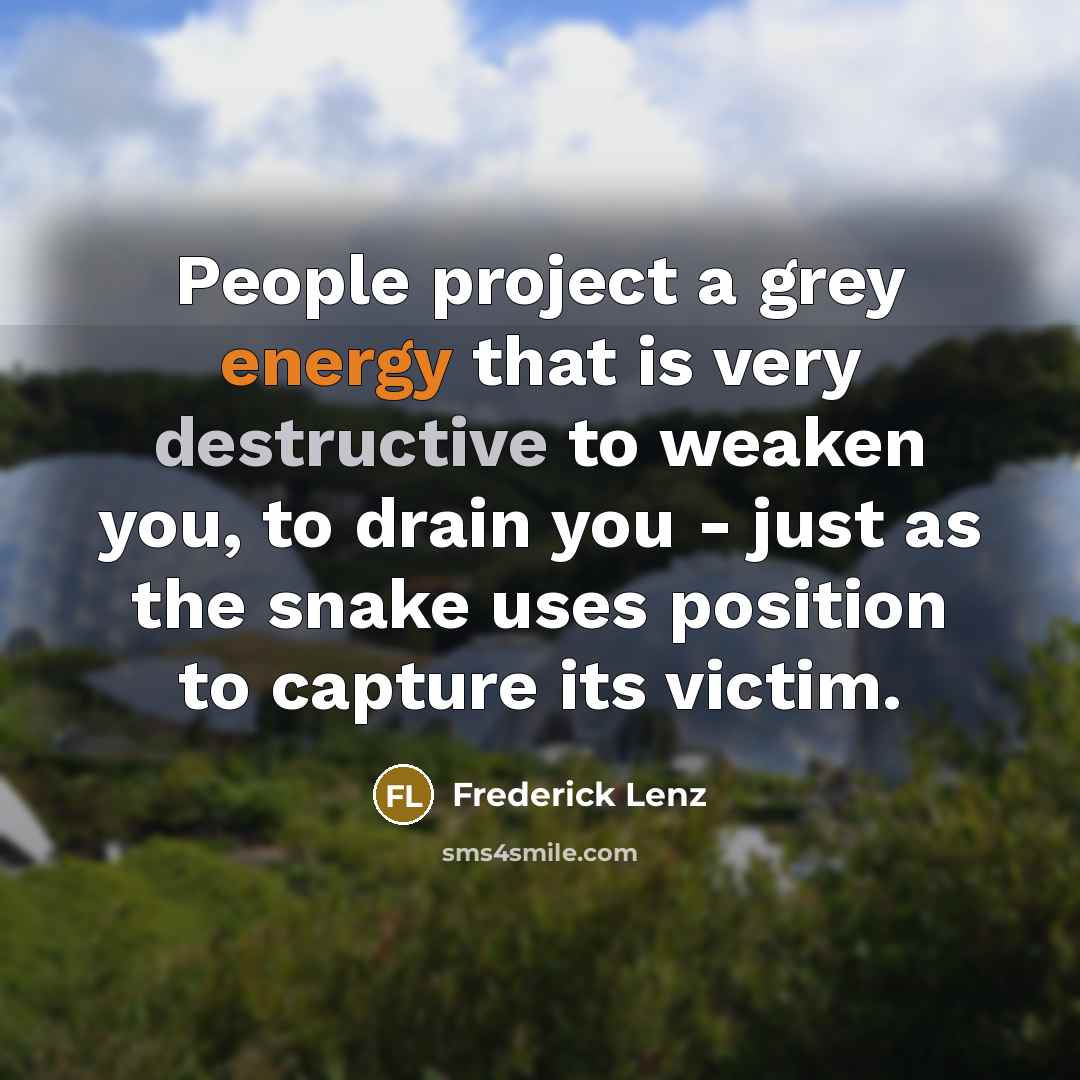 “People project a grey energy that is very destructive to weaken you, to drain you - just as the snake uses position to capture its victim.” quote by Frederick Lenz