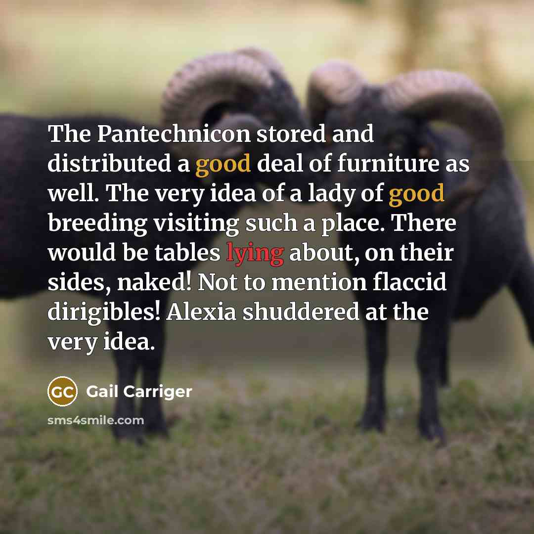 “The Pantechnicon stored and distributed a good deal of furniture as well. The very idea of a lady of good breeding visiting such a place. There would be tables lying about, on their sides, naked! Not to mention flaccid dirigibles! Alexia shuddered at the very idea.” quote by Gail Carriger