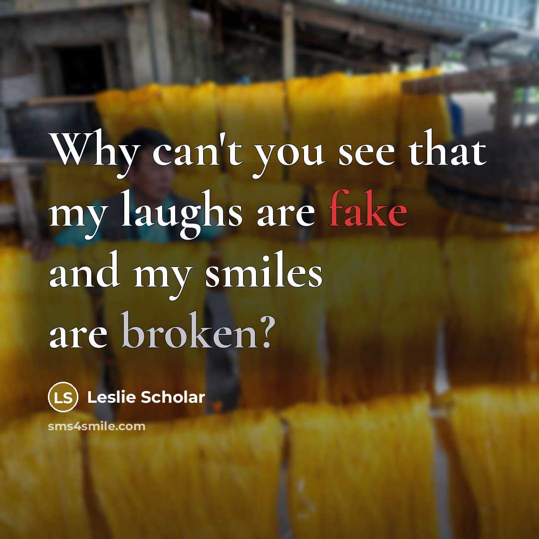 “Why can't you see that my laughs are fake and my smiles are broken?” quote by Leslie Scholar