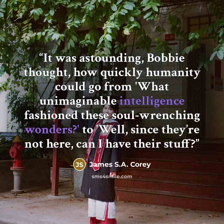 “It was astounding, Bobbie thought, how quickly humanity could go from 'What unimaginable intelligence fashioned these soul-wrenching wonders?' to 'Well, since they’re not here, can I have their stuff?” quote by James S.A. Corey