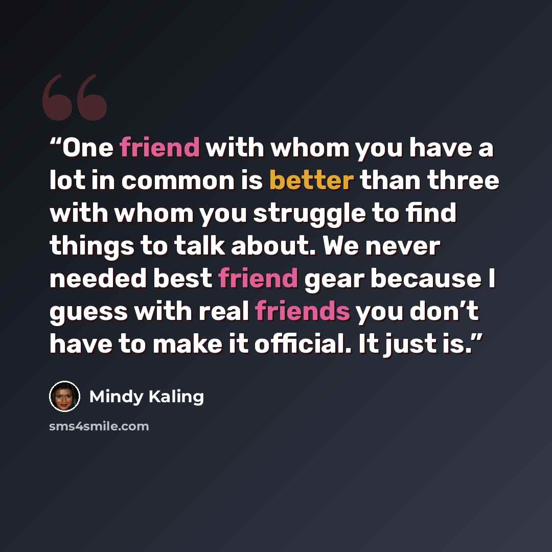 “One friend with whom you have a lot in common is better than three with whom you struggle to find things to talk about. We never needed best friend gear because I guess with real friends you don’t have to make it official. It just is.” quote by Mindy Kaling