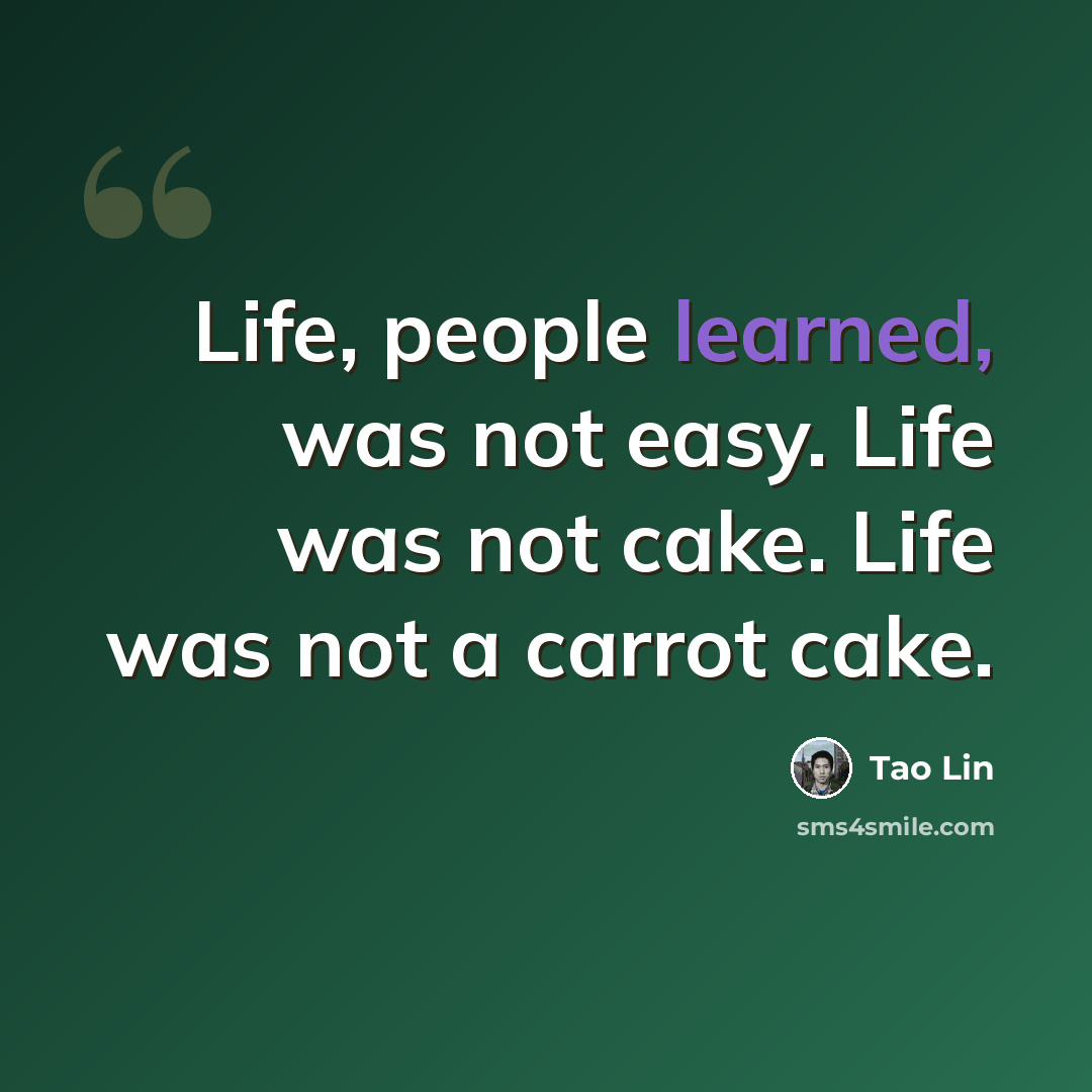 “Life, people learned, was not easy. Life was not cake. Life was not a carrot cake.” quote by Tao Lin