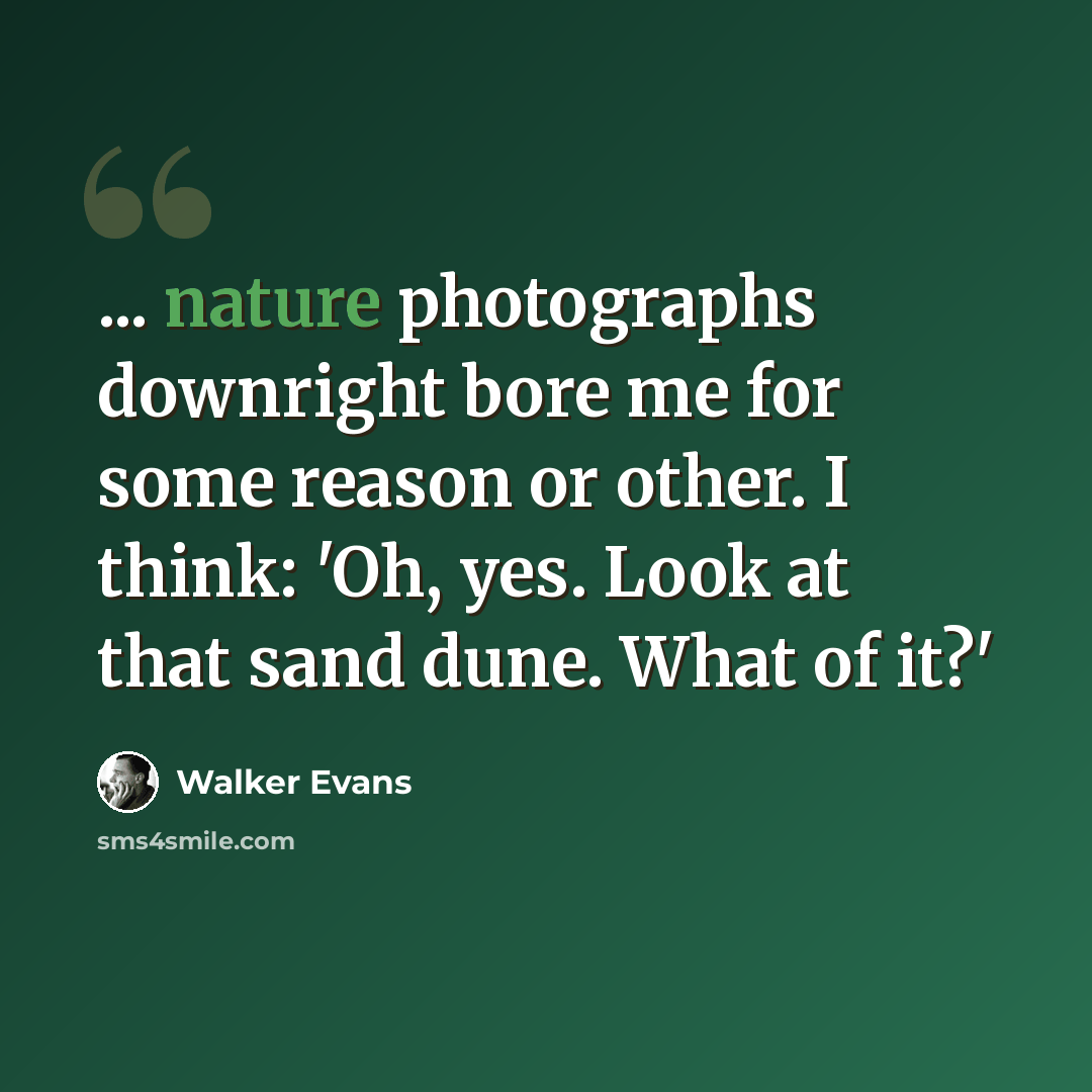 “... nature photographs downright bore me for some reason or other. I think: 'Oh, yes. Look at that sand dune. What of it?'” quote by Walker Evans