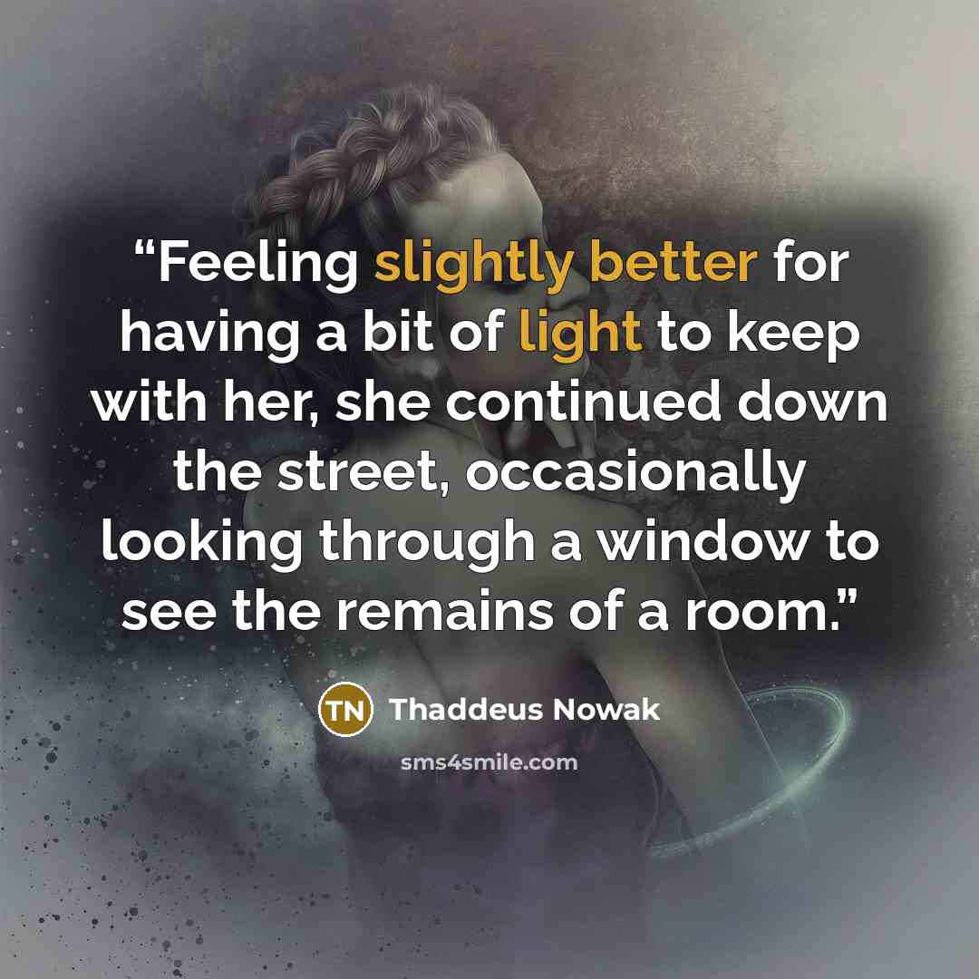 “Feeling slightly better for having a bit of light to keep with her, she continued down the street, occasionally looking through a window to see the remains of a room.” quote by Thaddeus Nowak