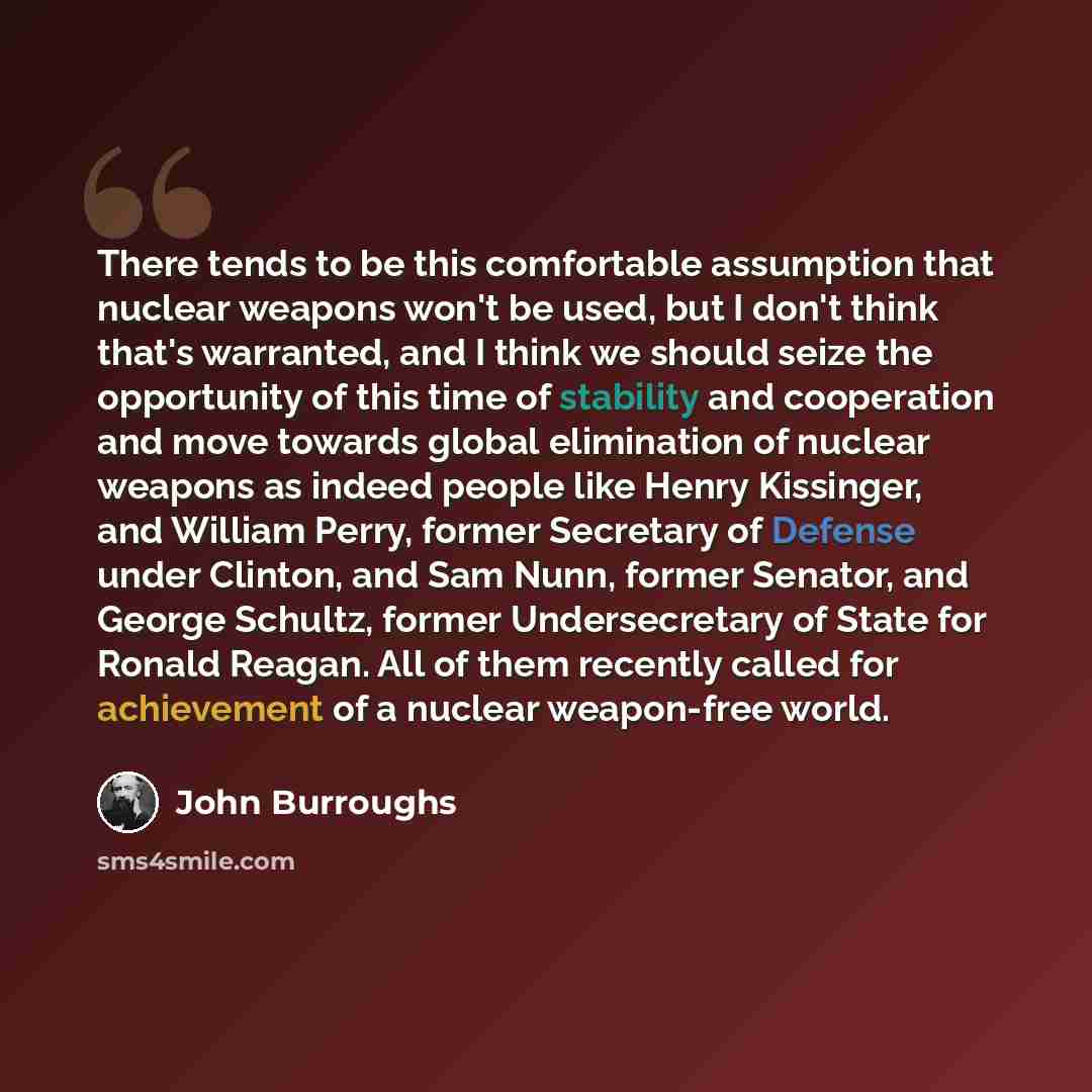 “There tends to be this comfortable assumption that nuclear weapons won't be used, but I don't think that's warranted, and I think we should seize the opportunity of this time of stability and cooperation and move towards global elimination of nuclear weapons as indeed people like Henry Kissinger…” quote by John Burroughs