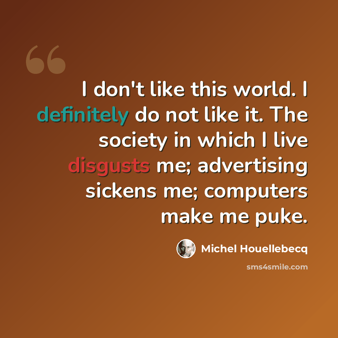 “I don't like this world. I definitely do not like it. The society in which I live disgusts me; advertising sickens me; computers make me puke.” quote by Michel Houellebecq