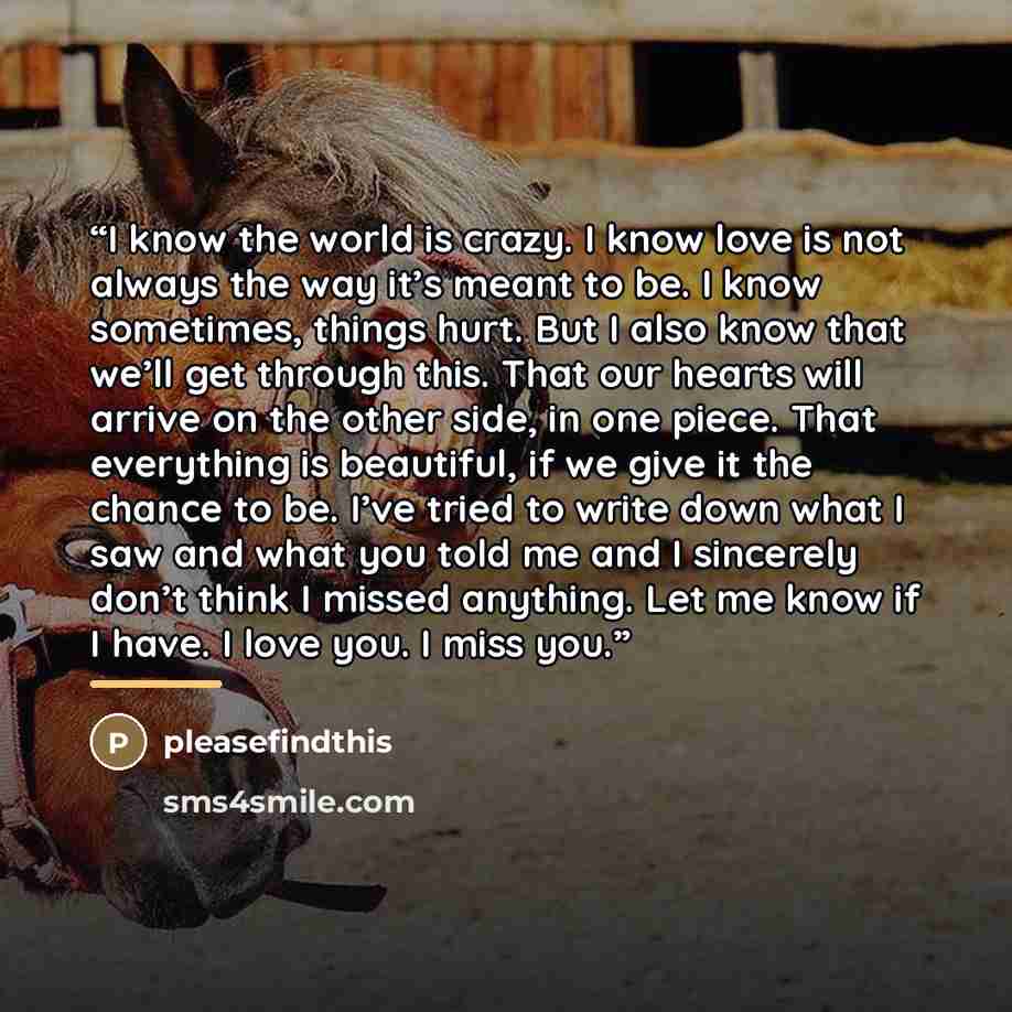 “I know the world is crazy. I know love is not always the way it’s meant to be. I know sometimes, things hurt. But I also know that we’ll get through this. That our hearts will arrive on the other side, in one piece. That everything is beautiful, if we give it the chance to be. I’ve tried to write…” quote by pleasefindthis
