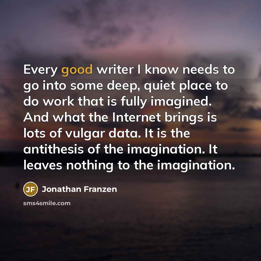 “Every good writer I know needs to go into some deep, quiet place to do work that is fully imagined. And what the Internet brings is lots of vulgar data. It is the antithesis of the imagination. It leaves nothing to the imagination.” quote by Jonathan Franzen