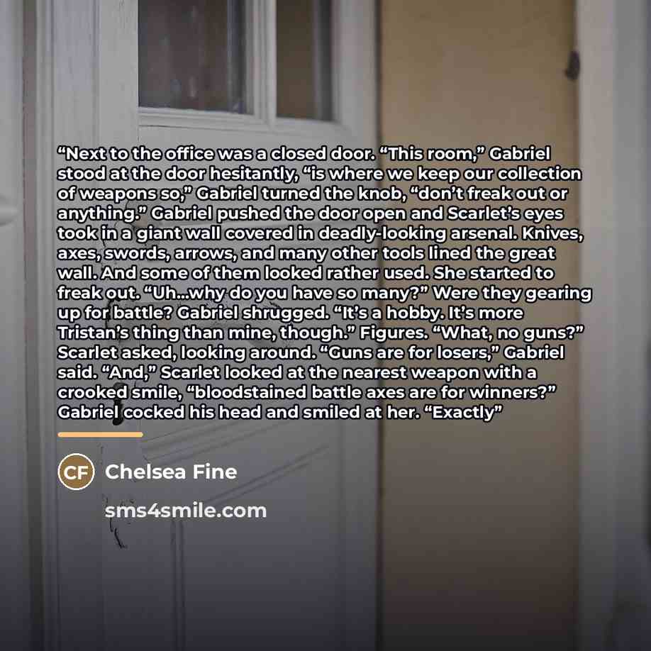 “Next to the office was a closed door. “This room,” Gabriel stood at the door hesitantly, “is where we keep our collection of weapons so,” Gabriel turned the knob, “don’t freak out or anything.” Gabriel pushed the door open and Scarlet’s eyes took in a giant wall covered in deadly-looking arsenal…” quote by Chelsea Fine