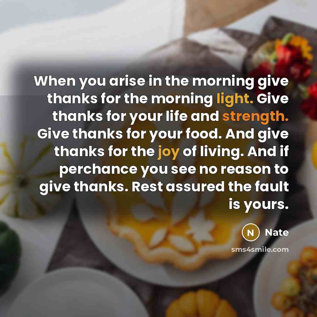 “When you arise in the morning give thanks for the morning light. Give thanks for your life and strength. Give thanks for your food. And give thanks for the joy of living. And if perchance you see no reason to give thanks. Rest assured the fault is yours.” quote by Nate