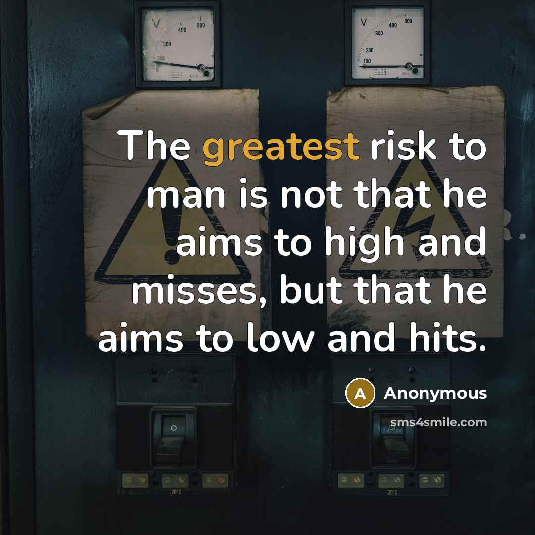 “The greatest risk to man is not that he aims to high and misses, but that he aims to low and hits.” quote by Anonymous